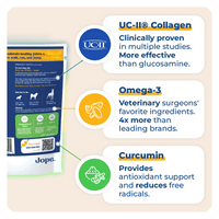 We chose the active ingredients to include in our Jope Hip and Joint dog chews after reviewing 85 scientific studies. Medical professionals use undenatured type II collagen (UC-II®) in human and veterinary medicine. Also, omega-3s are the most studied non-drug ingredients for mobility, and curcumin has been leveraged for centuries for its antioxidant and anti-inflammatory properties.