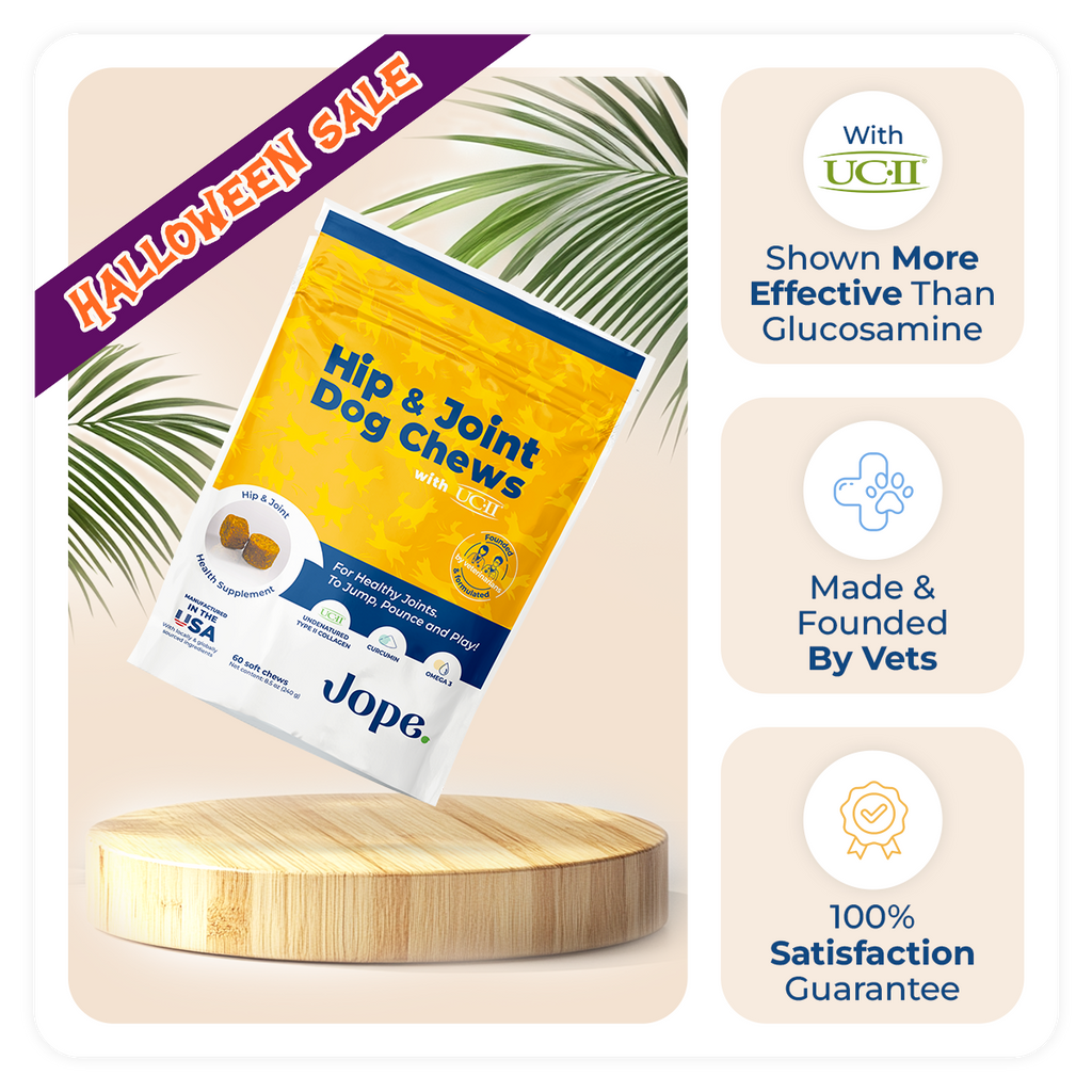 Jope Hip and Joint Dog Chews with UC-II ® collagen, Omega 3 and curcumin. Halloween Sale Offer. $15 Discount