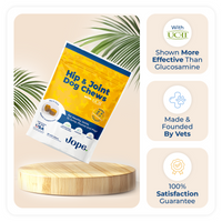 Jope Hip & joint dog chews with UC-II collagen, high doses of omega 3 and curcumin from turmeric for dog's arthritis.