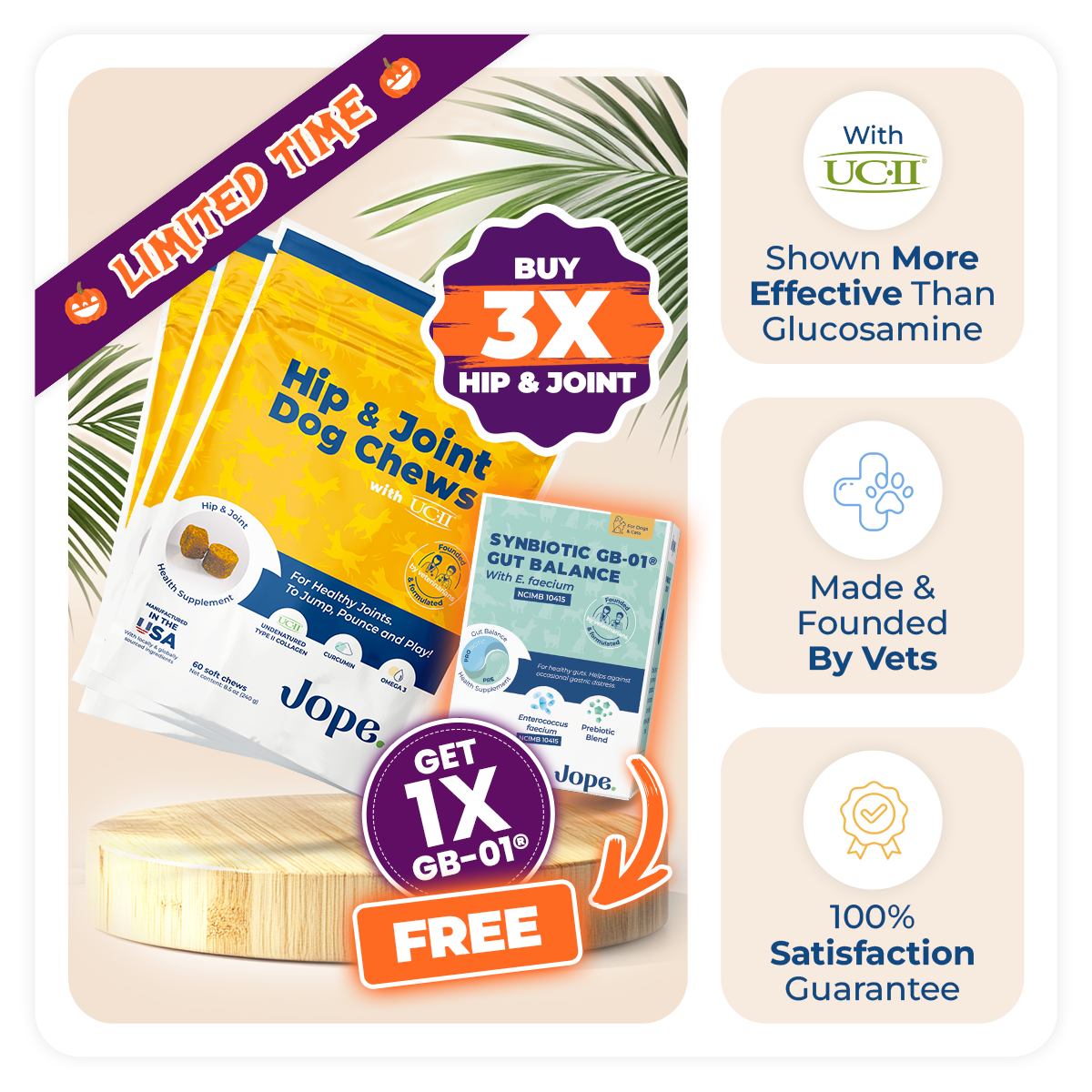 Jope best joint supplement for dogs, veterinarian-owned, with UC-II collagen and Omega-3s proven more effective than glucosamine, Buy 3 Get 1 GB-01 free