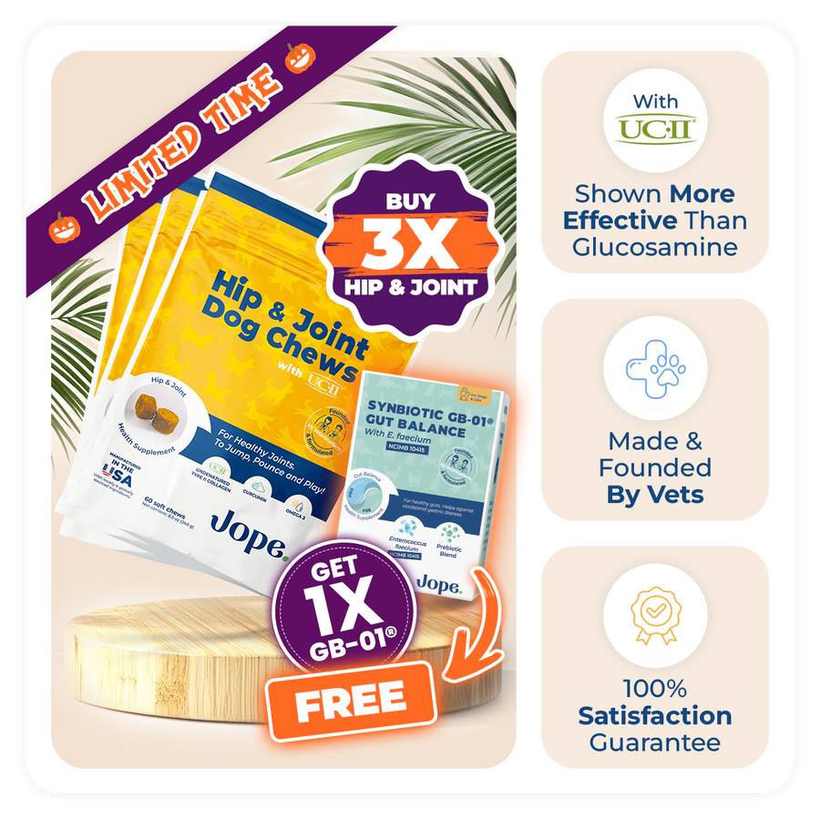 Jope best joint supplement for dogs, veterinarian-owned, with UC-II collagen and Omega-3s proven more effective than glucosamine, Buy 3 Get 1 GB-01 free